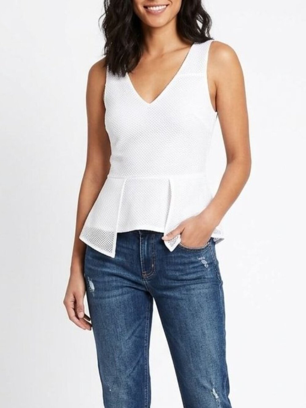 Bebe White Textured Mesh Peplum Top - Size Medium